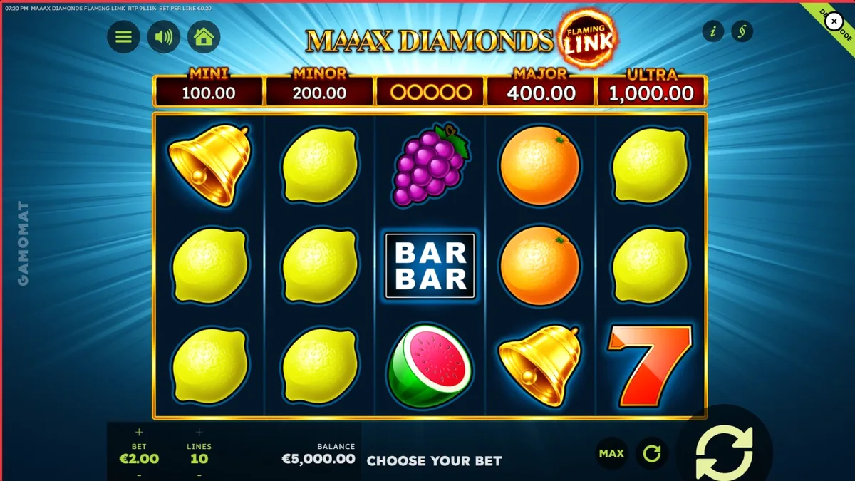 Tampilan visual slot Maaax Diamonds Flaming Link dengan simbol buah dan berlian menyala